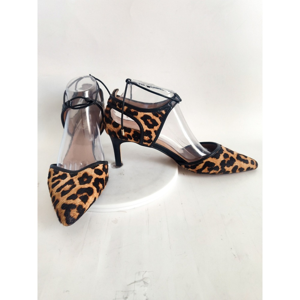 Franco Sarto Leopard Print Pointed Toe Ankle Strap Heels in Black and Tan
